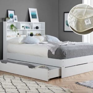 Alfie/Signature Crystal - Double - Bookcase Bed with Underbed Drawer and 3000 Pocket Sprung Mattress Included - White - Wooden/Fabric - 4ft6 - Happy Beds