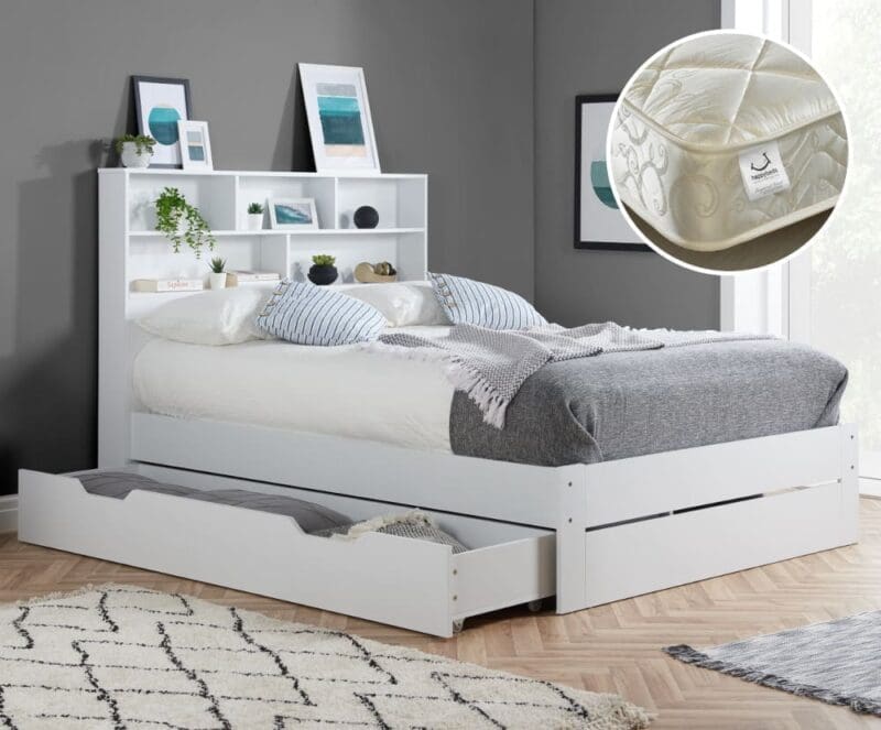 Alfie/Signature Crystal - Double - Bookcase Bed with Underbed Drawer and 3000 Pocket Sprung Mattress Included - White - Wooden/Fabric - 4ft6 - Happy Beds