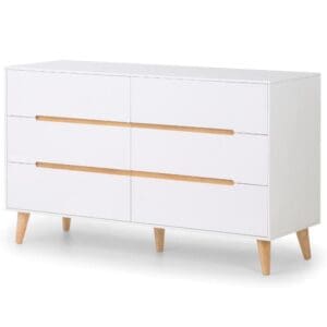 Alicia - 6 Drawer Wide Bedside Table - White/Oak - Wooden - Happy Beds