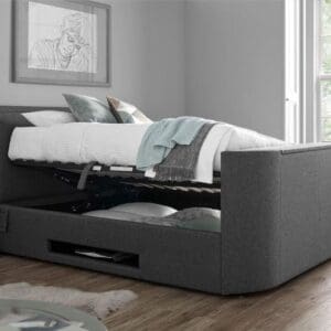 Ardwick - Double - Side-Opening Ottoman Storage Media TV Bed - Grey - Fabric - 4ft6 - Happy Beds