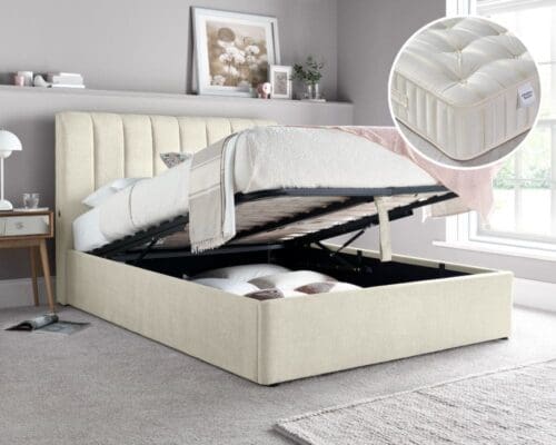 Autumn/Supreme - Double - Ottoman Storage Bed and Open Coil Spring Reflex Foam Orthopaedic Mattress Included - Oatmeal/White - Fabric - 4ft6 - Happy Beds