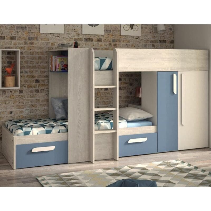 Barca - Kids Bunk Bed - Blue and Oak - Wood - Single - 3ft - Happy Beds