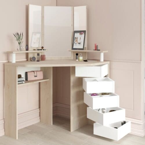 Beauty Bar - Corner Dressing Table - Oak/White - Wooden - Happy Beds