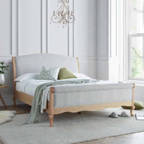 Belle - Double - Scroll Sleigh Bed - Oak/Grey - Wooden/Fabric - 4ft6 - Happy Beds