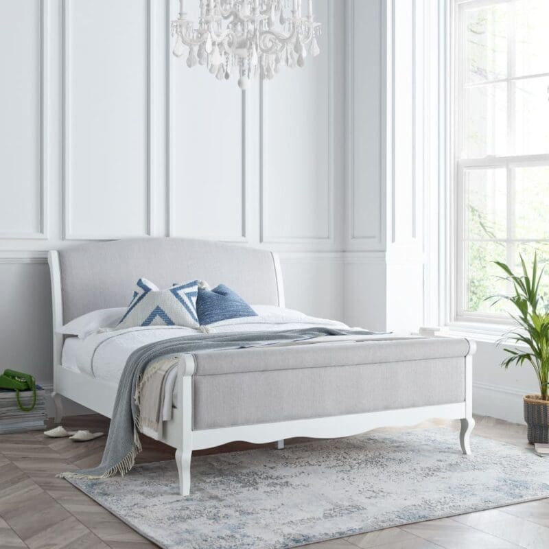 Belle - Double - Scroll Sleigh Bed - White/Grey - Wooden/Fabric - 4ft6 - Happy Beds