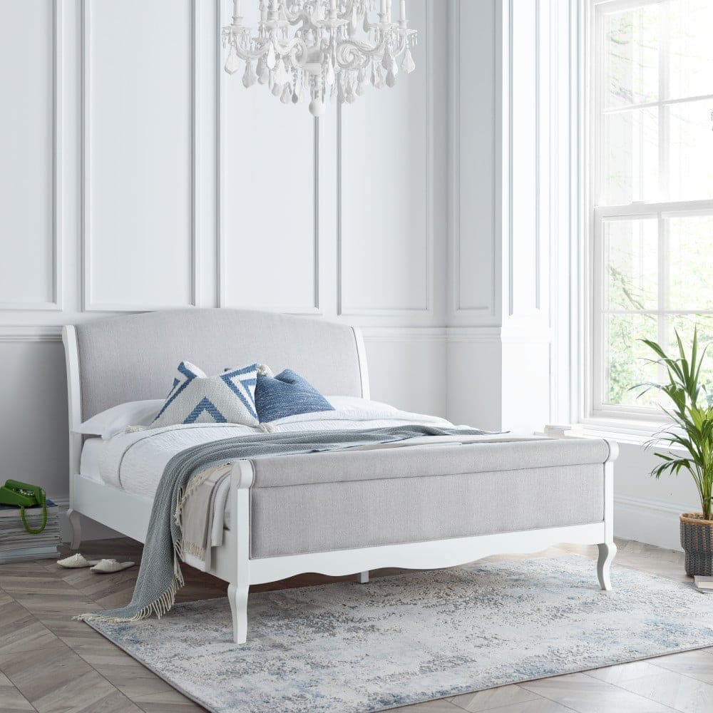 Belle King Size Scroll Sleigh Bed WhiteGrey WoodenFabric 5ft Happy Beds 2