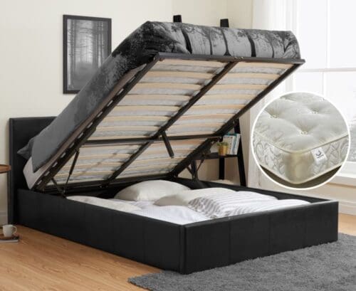 Berlin/Gold - Single - Ottoman Storage Bed and Tufted Orthopaedic Spring Mattress Included - Black/White - Leather/Fabric - 3ft - Happy Beds