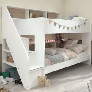 Bibliobed - Single - Kids Staircase Bunk Bed - Storage - White - Oak - Wooden - 3ft - Happy Beds