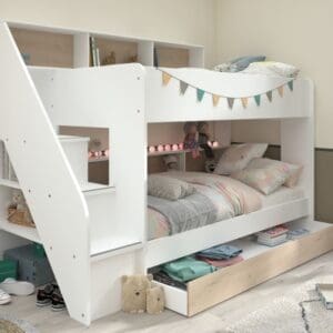 Bibliobed - Single - Kids Staircase Bunk Bed - Storage and Underbed Trundle - White - Oak - Wooden - 3ft - Happy Beds