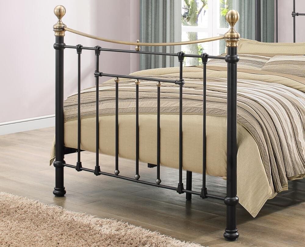 Bronte Double Black Metal Bed Frame Victorian Style Brass Finials and Top Rail 4ft6 Happy Beds 4
