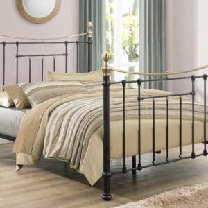 Bronte - King Size Black Metal Bed Frame - Victorian Style - Brass Finials and Top Rail - 5ft - Happy Beds