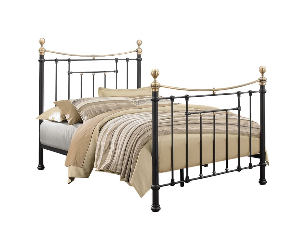 Bronte King Size Black Metal Bed Frame Victorian Style Brass Finials and Top Rail 5ft Happy Beds 5