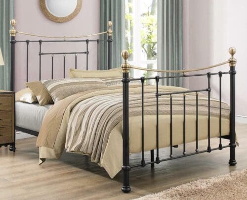 Bronte - King Size Black Metal Bed Frame - Victorian Style - Brass Finials and Top Rail - 5ft - Happy Beds