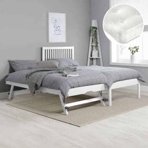 Buxton/Clay - Single - Guest Bed with Underbed Trundle and 2 Open Coil Spring Orthopaedic Mattress Included - White - Wooden/Fabric - 3ft - Happy Beds