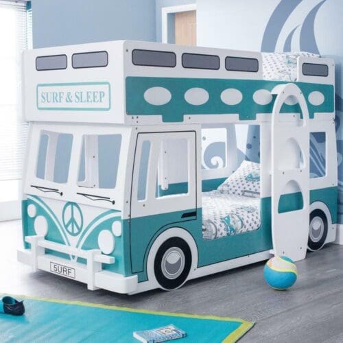 Campervan - Single - Kids Bunk Bed - White and Green - Wood - 3ft - Happy Beds