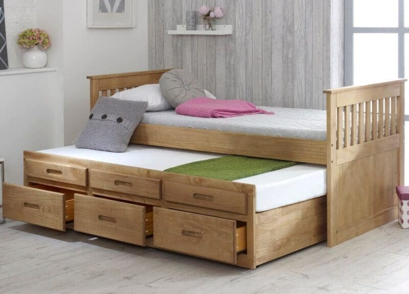 Captains - Single - High Foot-End Guest Bed - Storage and Underbed Trundle - Waxed Pine - Wooden - 3ft - Happy Beds