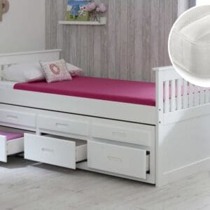 Captains/Theo - Single - Guest Bed with Underbed Trundle and Storage and 2 Pocket Spring Mattresses Included - White - Wooden/Fabric - 3ft - Happy Beds