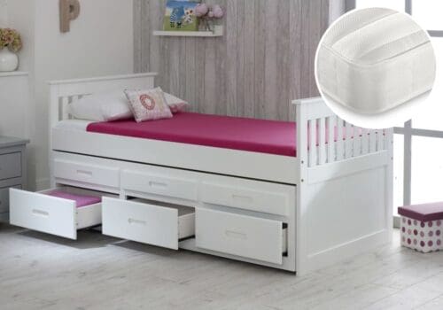 Captains/Theo - Single - Guest Bed with Underbed Trundle and Storage and 2 Pocket Spring Mattresses Included - White - Wooden/Fabric - 3ft - Happy Beds