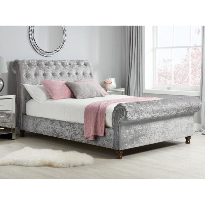 Castello - Double - High Foot-End Scroll Sleigh Bed - Grey - Fabric - 4ft6 - Happy Beds