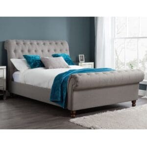 Castello Grey Fabric Scroll Sleigh Bed Frame - 4ft6 Double - Happy Beds