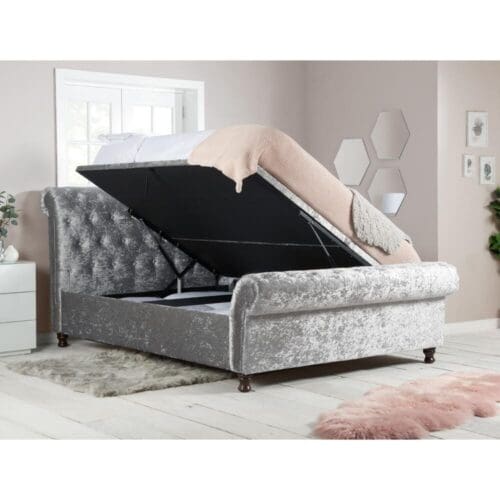 Castello - Super King Size - Side-Opening Ottoman Storage Scroll Sleigh Bed - Grey - Fabric - 6ft - Happy Beds