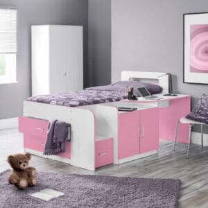 Cookie - Single - Cabin Bed - Desk and Storage - Pink and White - Wooden - 3ft - Happy Beds