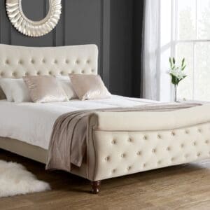 Copenhagen - Super King Size - Scroll Sleigh Bed - Neutral - Warm Stone - Fabric - 6ft - Happy Beds