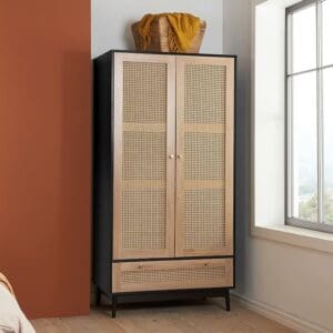 Croxley - 2 Door 1 Drawer Wardrobe - Black - Rattan - Wooden - Happy Beds