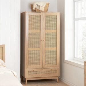 Croxley - 2 Door 1 Drawer Wardrobe - Oak - Rattan - Wooden - Happy Beds