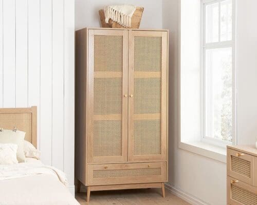 Croxley - 2 Door 1 Drawer Wardrobe - Oak - Rattan - Wooden - Happy Beds