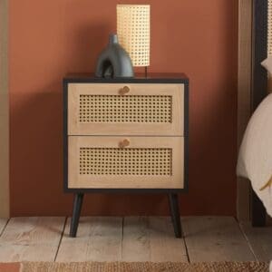 Croxley - 2 Drawer Bedside Table - Black - Rattan - Wooden - Happy Beds