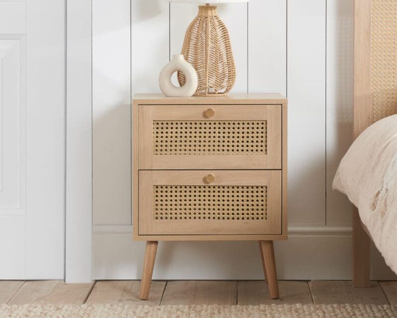 Croxley - 2 Drawer Bedside Table - Oak - Rattan - Wooden - Happy Beds