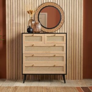 Croxley - 5 Drawer Chest of Drawers - Black - Rattan - Wooden - Happy Beds