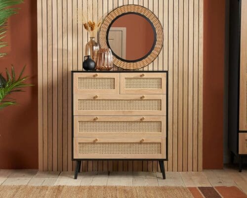 Croxley - 5 Drawer Chest of Drawers - Black - Rattan - Wooden - Happy Beds