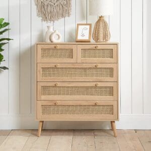 Croxley - 5 Drawer Chest of Drawers - Oak - Rattan - Wooden - Happy Beds