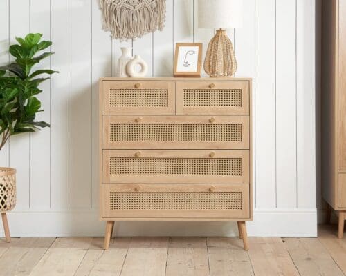 Croxley - 5 Drawer Chest of Drawers - Oak - Rattan - Wooden - Happy Beds