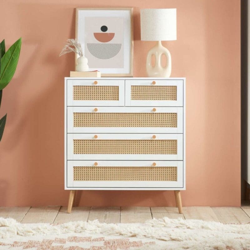 Croxley 5 Drawer Chest of Drawers White Rattan Wooden 2