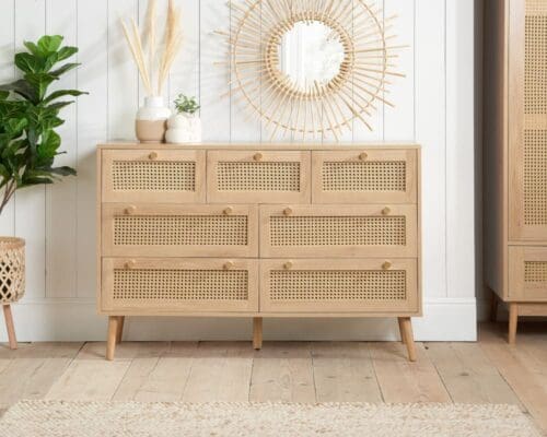 Croxley - 7 Drawer Chest of Drawers - Oak - Rattan - Wooden - Happy Beds