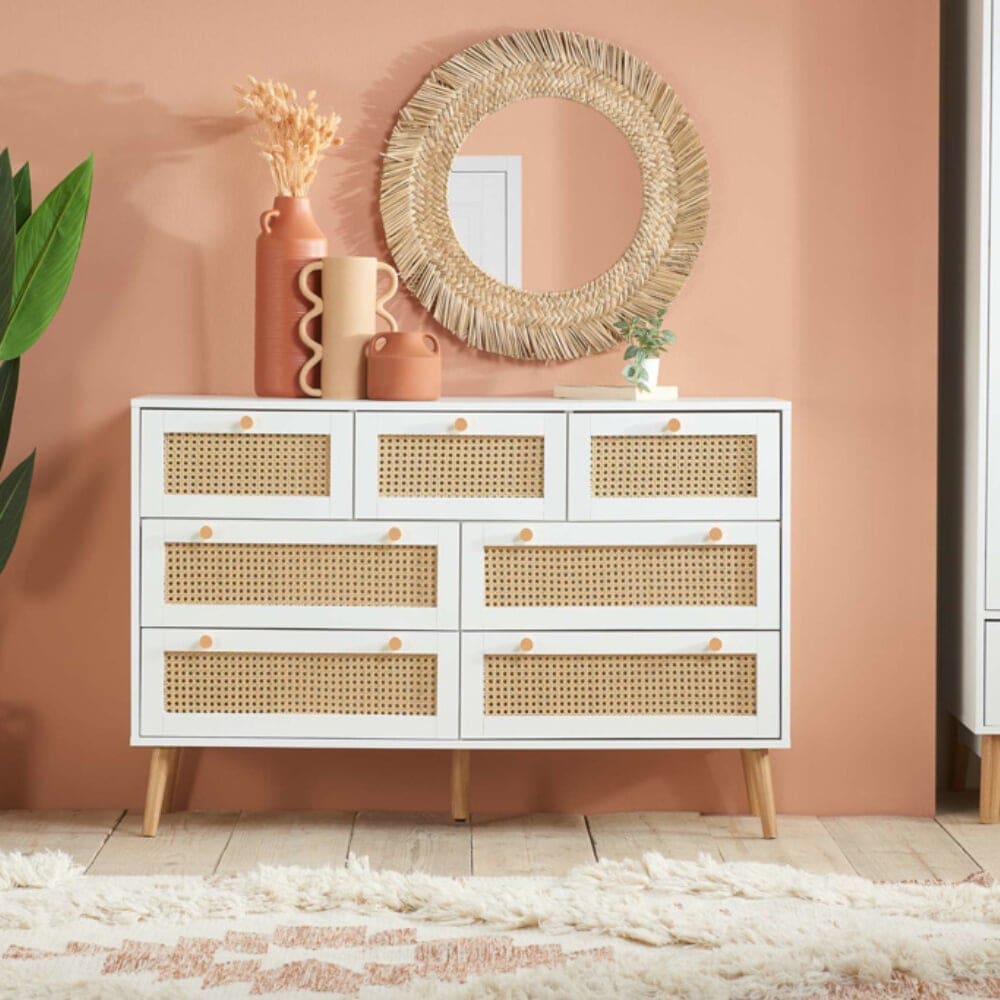 Croxley 7 Drawer Chest of Drawers - White - Rattan - Wooden