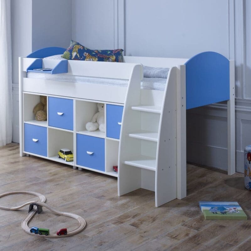 Eli - White and Blue Kids Mid Sleeper Bed with Two Shelves - Wooden - Single - 3ft - Happy Beds