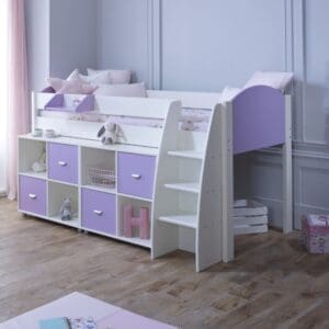 Eli - White and Purple Kids Mid Sleeper Bed with Two Shelves - Wooden - Single - 3ft - Happy Beds