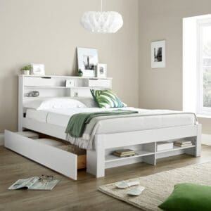 Fabio - King Size - Bookcase Bed - 2 Storage Drawers - White - Wood - 5ft - Happy Beds