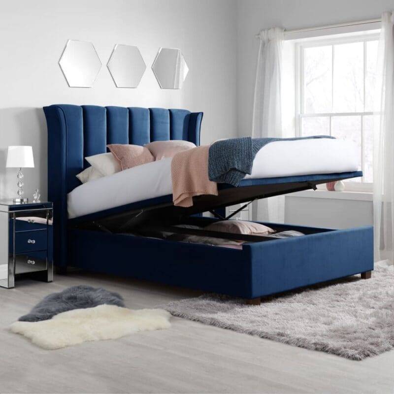 Fenton - Double - Ottoman Bed - Dark Blue - Velvet - 4ft6 - Happy Beds