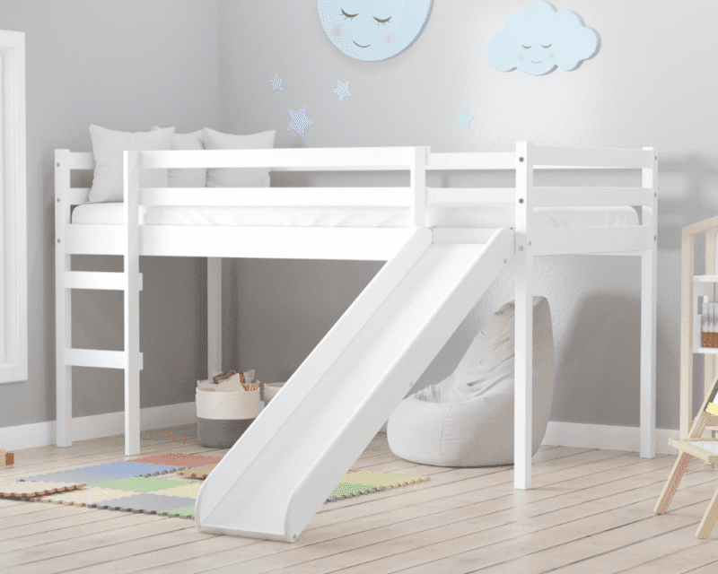 Frankie - Single - Mid Sleeper with Slide - White - Wooden - 3ft - Happy Beds