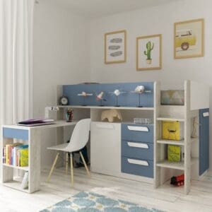 Girona - Kids Mid Sleeper Bed - Blue and Oak - Wood - Single -3ft - Happy Beds