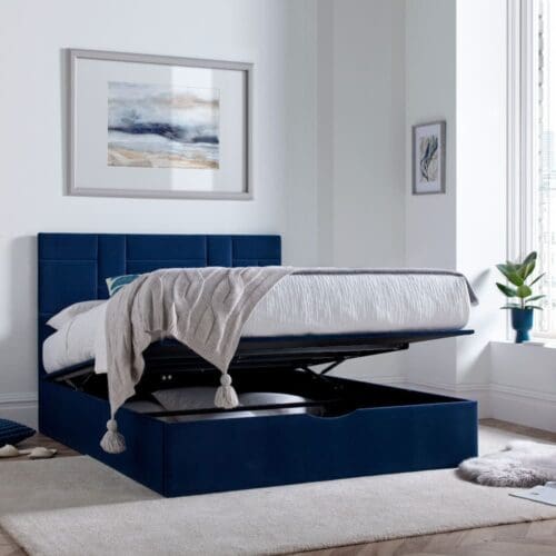 Hagen - Double - Ottoman Storage Bed - Blue - Velvet - 4ft6 - Happy Beds