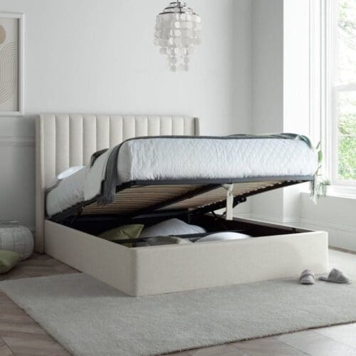 Harper - Double - Winged Ottoman Storage Bed - Natural - Fabric - 4ft6 - Happy Beds