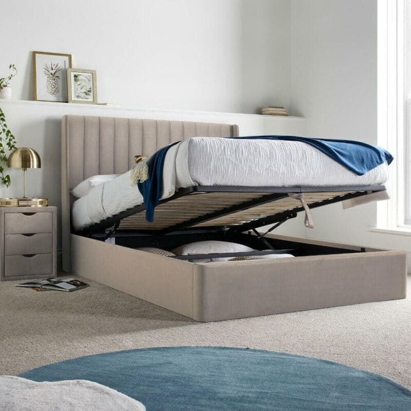 Harper - King Size - Winged Ottoman Storage Bed - Warm Stone - Velvet - 6ft - Happy Beds