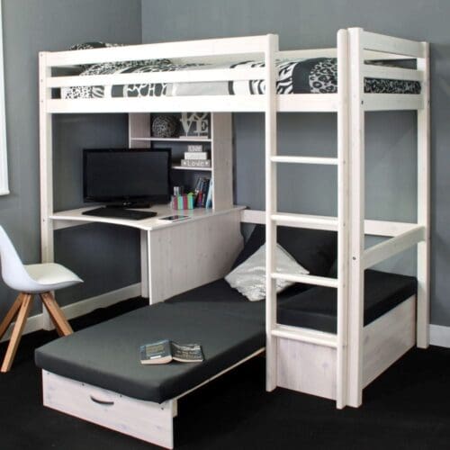 Hit - Kids High Sleeper Bed with Black Futon Bed - White - Wooden - Single - 3ft - Happy Beds