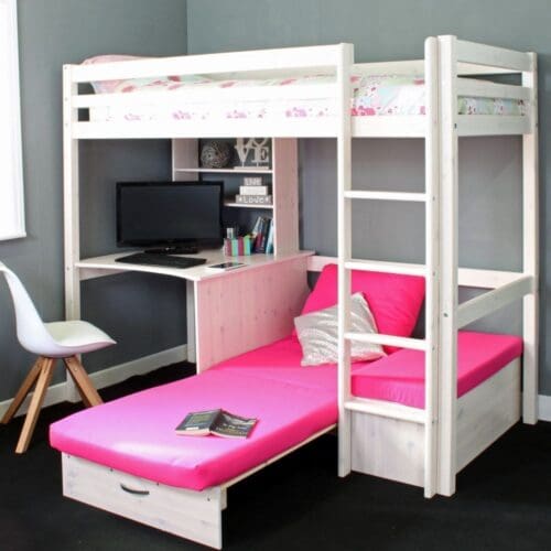 Hit - Kids High Sleeper Bed with Pink Futon Bed - White - Wooden - Single - 3ft - Happy Beds